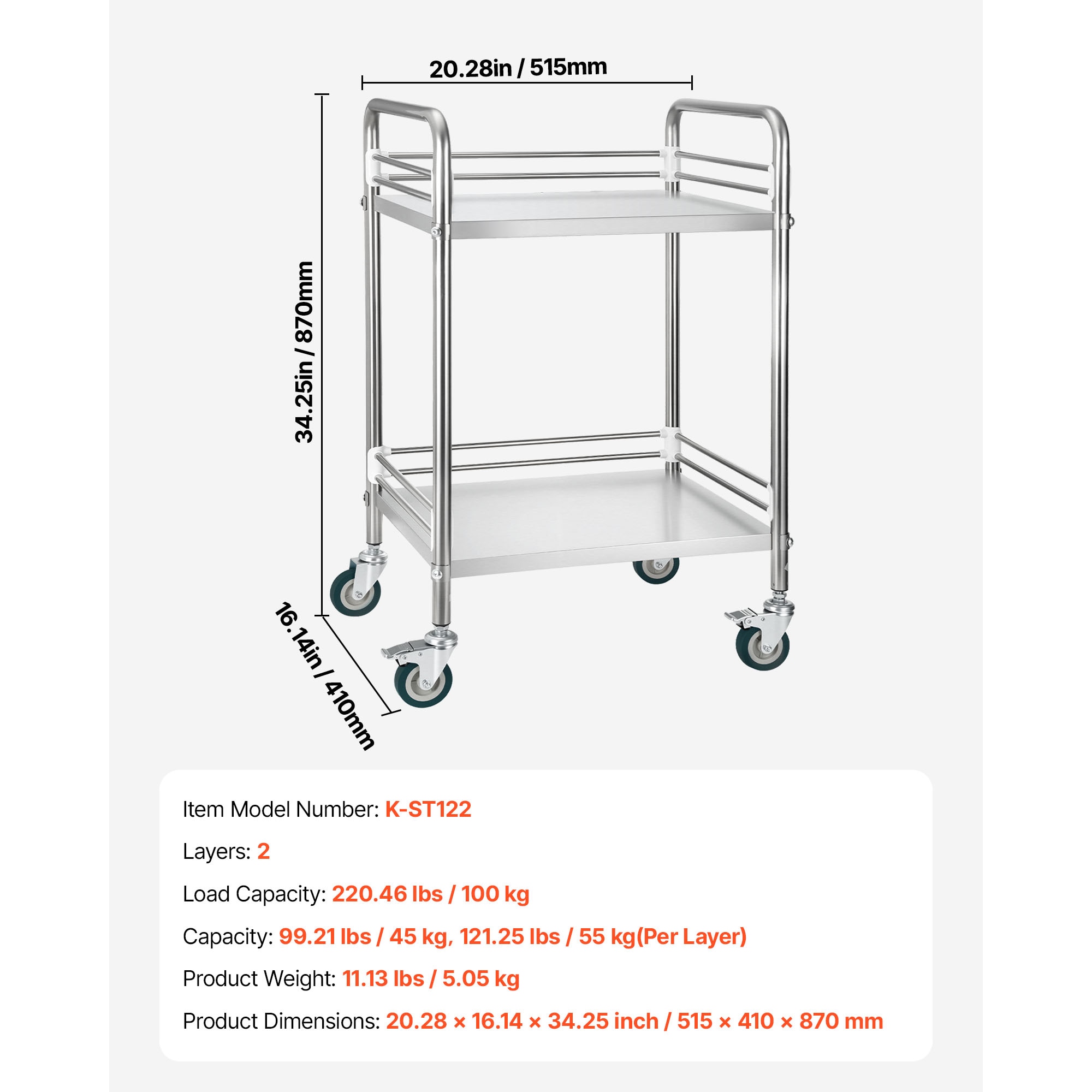 Stainless Steel Rolling Utility Cart With Lockable Wheels_voghion.com